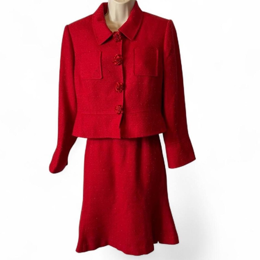Vintage 90s Donna Gray Red Boucle Skirt Suit Set, Women's Size 10P